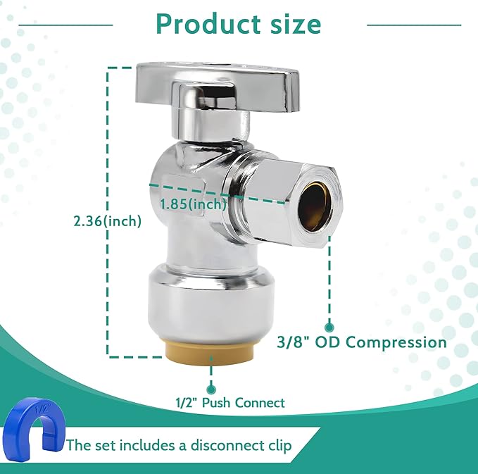 Angle Stop Valve 5 Pack,1/2" Ptc X 3/8" Compression Water Shut Off Valve,1/2 Inch Pushfit X 3/8 Inch OD Compression Angle Shut Off Valve with Disconnect Clip,Pex, Copper,Cpvc,PE-RT,Brass
