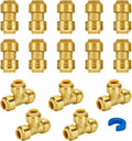 SUNGATOR Pushfit Plumbing Fitting Assortment 1/2 Inch, Straight Coupling (10 PCS), Tee (5 PCS), No Lead Brass Push to Connect Pex, Copper, CPVC, with A Disconnect Clip, Pack of 15