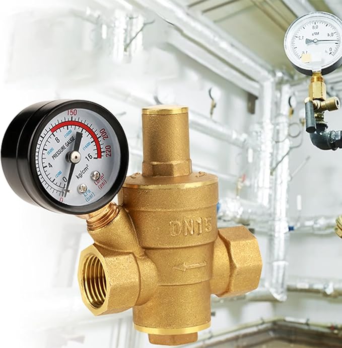 Water Pressure Regulator Valve, DN15 Brass RV Adjustable Water Pressure Reducer With Meter for RV Travel Trailer