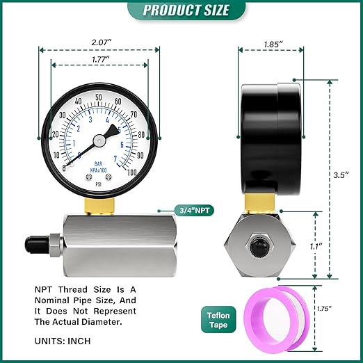 0-100PSI Gas Pressure Test Gauge, 3/4FNPT Connection 2" Dial Size, Chrome Plated Steel Body Assembly, for Measuring The Pressure of Gas Line, Gas Circuit, Air