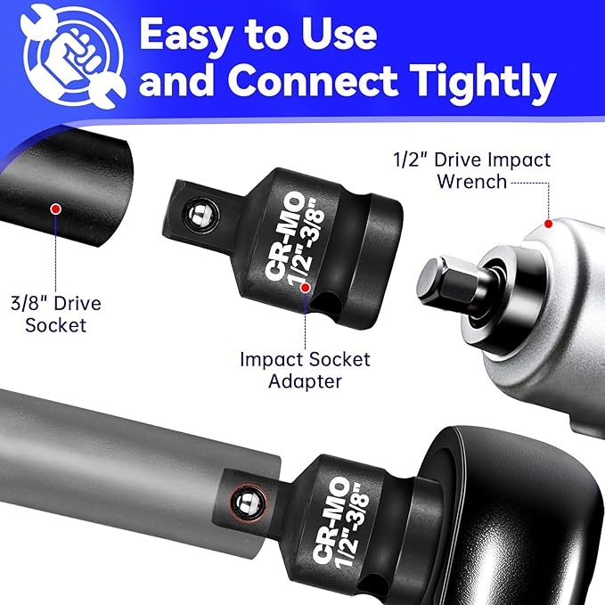 1/2" Female to 3/8" Male Impact Socket Adapter Reducer Set, 2 Pcs Chrome Molybdenum Steel Driver Conversion Adapters, for Sockets and Impact Wrench