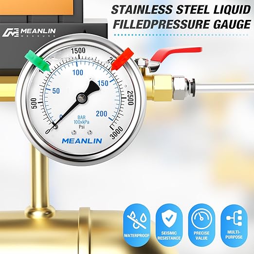 MEANLIN MEASURE 0~3000Psi Liquid Filled Pressure Gauge 1/4" NPT 2.5" FACE DIAL Stainless Steel Glycerin Filled WOG Water Oil Air Back Mount (with 2PCS Snaps)