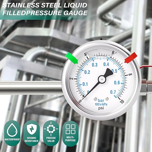 0-10PSI Stainless Steel Liquid Filled Pressure Gauge, 2.5" Dial Size, 1/4" NPT Back Mount, for Tube, Water Pump, Gas, Liquid, Pressure Test (with Range Mark Pointer)