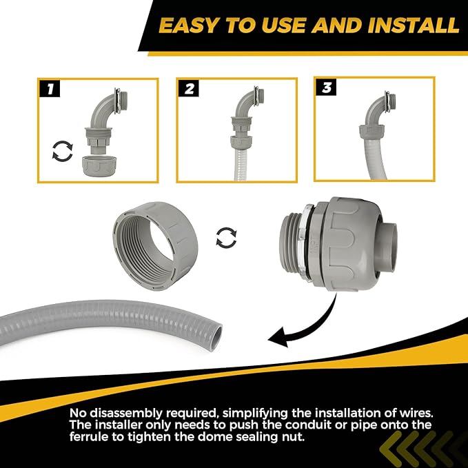 Conduit Connectors, 1 Inch Liquid Tight Connector NPT Non-Metallic for PVC Electrical Flexible Conduit Fittings, 15 Straight and 15 Angle 90 Degree, UL Listed, Grey (30-Pack)