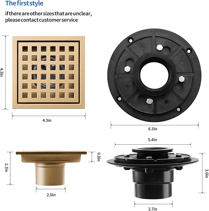 Shower Drain, Brushed Gold 4 inch Shower Floor Square Drain with Flange, Removeable Grid Panel SUS 304 Stainless Steel Square Shower Drain