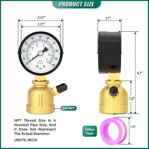 0-100PSI Air Test Pressure gauges, 2" Double Graduated Dial, 3/4" FNPT Forged Brass Bell Shape Body Assembly, 1/8" NPT Air Bleeding Valve, for Pressure Testing on Home Gas Line