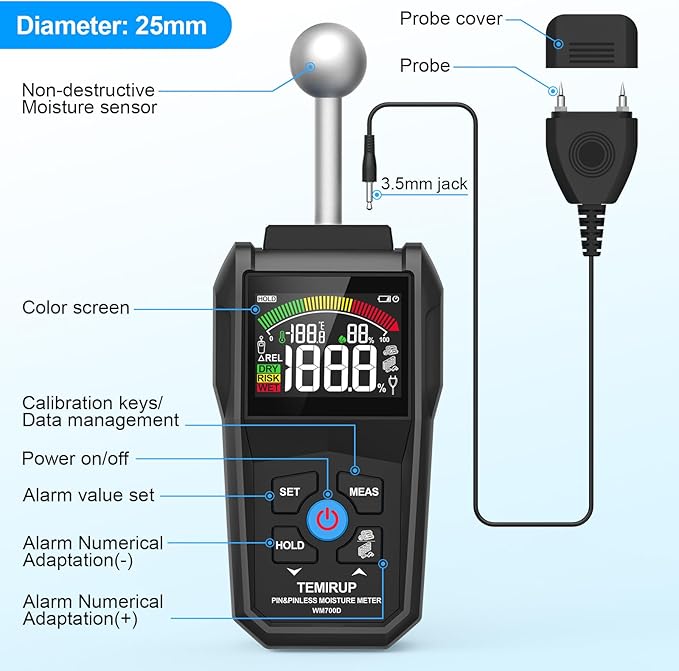 Moisture Meter - TEMIRUP Pin & Pinless Wood Moisture Tester with Color LCD and Acoustic Alarm, Digital Moisture Reader Detects 20-40 mm for Walls, Wood, Masonry, Concrete and Other Building Materials