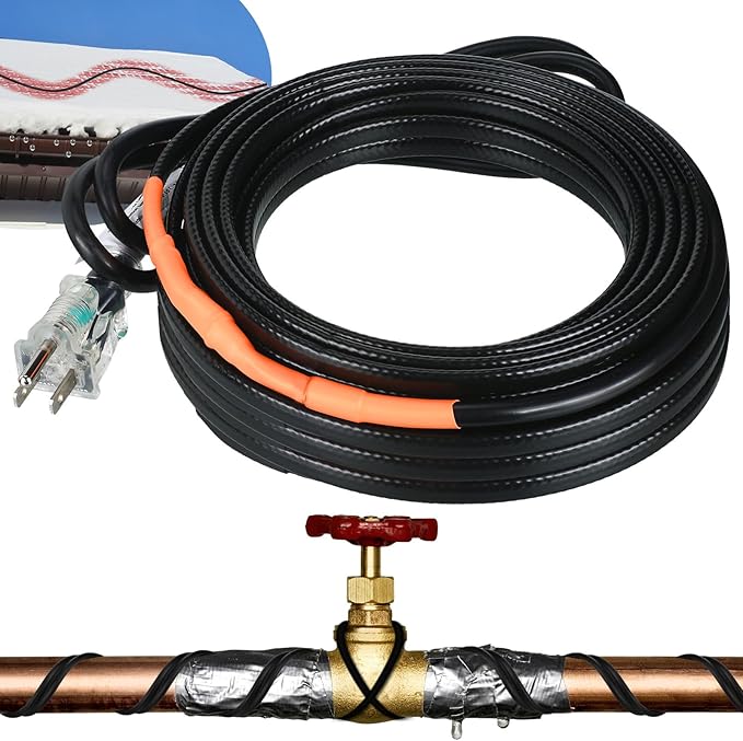 Kingdder 6FT - 48FT Heat Tape for Water Pipes Thermostat Self Regulating Heating Cable with Power Indicator Plug Built-in, Heavy Duty Heating Cable for Pipe Freeze Protection, 120V 8W/ft(1 Pcs,18 Ft)