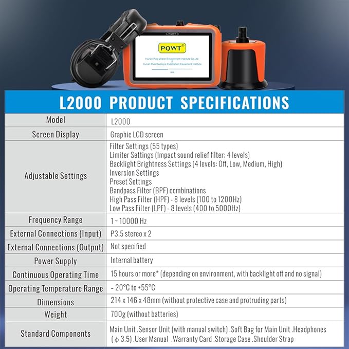 PQWT L2000 Outdoor Pipe Water Leak Detector, Middle Sensor Detecting Water Leak for Depth 5m