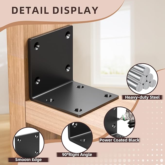 6" X 6" X 5" Heavy Duty Steel L Angle Bracket for Wood, Large 90 Degree Corner Shelf Support Bracket, 6x6 Post to Beam Connector, Thickness 1/4"(6mm), Max Load 300lbs-2 Pcs