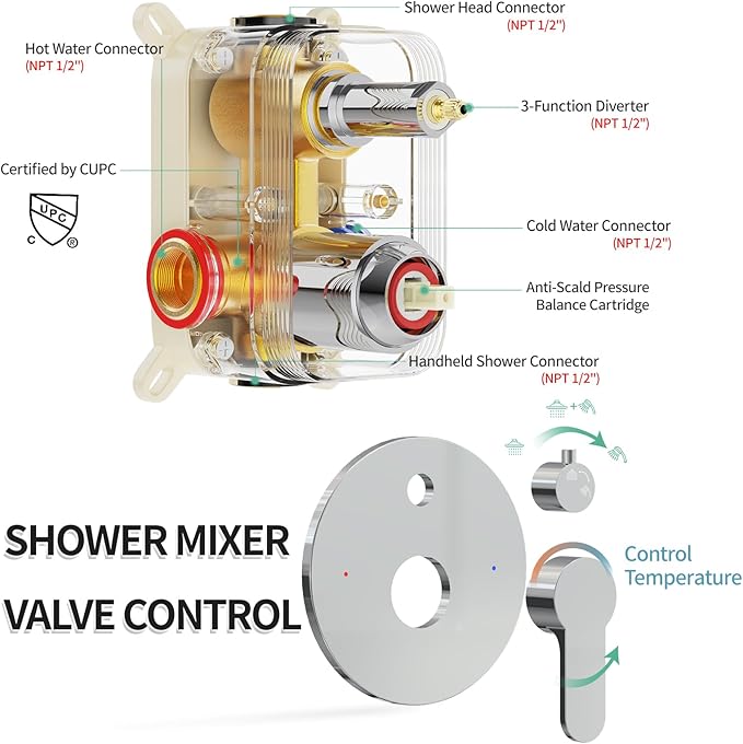 SR SUN RISE 12 Inch Shower System, Slide Bar Shower Faucets Sets Complete Round Shower Heads and 6-Spray Handheld Combo, Wall Mounted Dual Shower Set Included Valve and Trim Kit, Polished Chrome