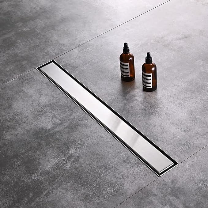 Linear Shower Floor Drain, 24 Inch Brushed Nickel 304 Stainless Steel Bathroom Drains Kit, Rectangular Shower Trench Drain with Reversable Tile-in Pattern Drain Cover & Hair Catcher