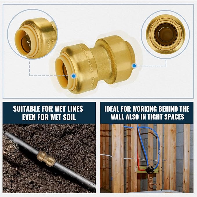 SUNGATOR Push Plumbing Fittings Set, 1/2 Inch Coupling (10 PCS), 3/4 Inch Coupling (10 PCS), No Lead Brass Push to Connect Pex Pipe, Copper, CPVC, with 2 Disconnect Clips, Pack of 20