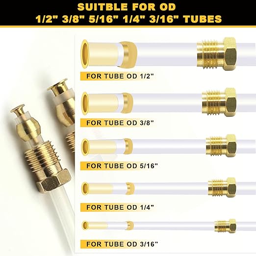 Siptenk 180PCS Brass Compression Sleeves Ferrules & Inserts Tube OD 1/2" 3/8" 5/16" 1/4" 3/16", 5 Sizes Tubing Insert Brass Ferrule Kit for DOT Air Brake LIne Fittings