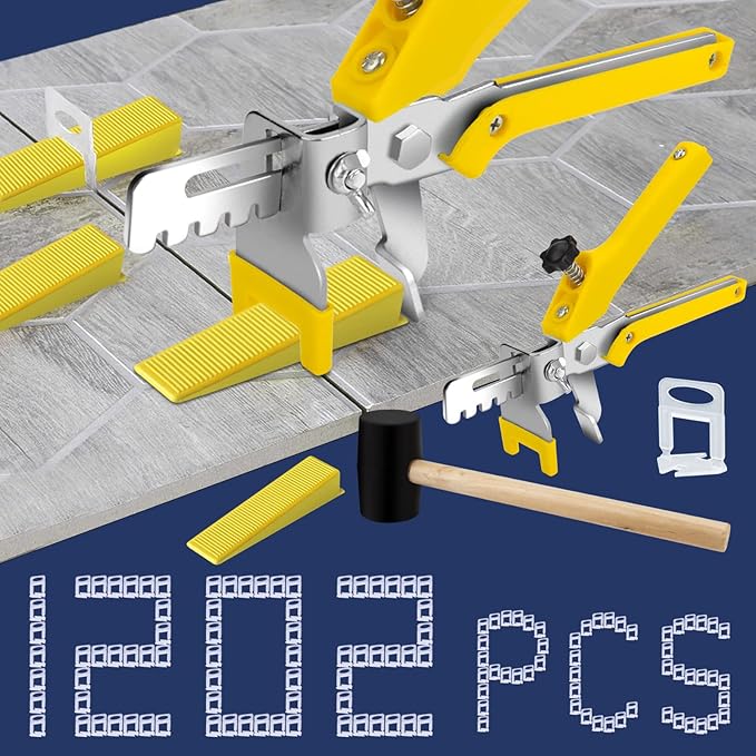 Tile Leveling System with Tile Plier and Rubber Mallet, 1000 Piece Tile Spacers Clips and 200 Piece Reusable Wedges, Tile Leveler Tool Set for Tile and Stone Installation (1/8 Inch)
