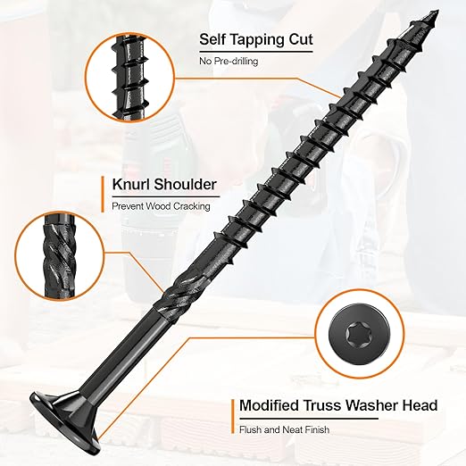 #10 x 4” Deck Screws, 500Pcs Star Drive Wood Screws, Rust Resistant Timber Screws for Timber/Log/Landscaping Wood, T25 Star Bit Included, Black