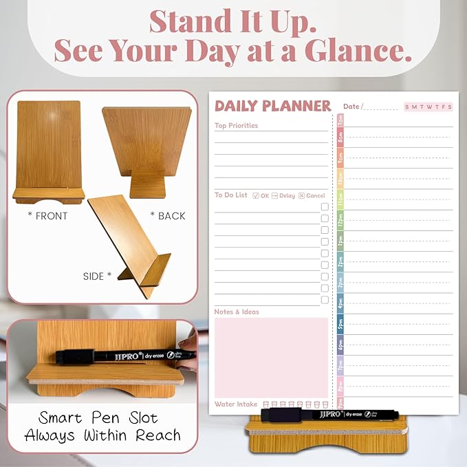 JJPRO Reusable Desktop Daily Planner with Stand,Reusable Time Schedule Board,11"x8.5" Hourly Schedule Dry Erase Board with Time Slots,Desk Hourly Dry Erase Board w/Engineered Wood Stand-Pink