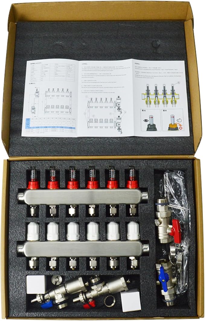 6 Branch PEX Radiant Floor Heating Manifold Set Floor Heating Water Distributor 1/2" Pipe Adapter 306 Stainless Steel and Brass, for Heating Systems