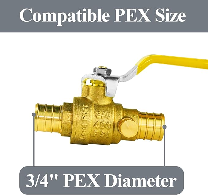 WiseWater 3/4 Inch X 3/4 Inch PEX Ball Valve with Drain, Brass Plumbing Fitting, Full Port Water Stop Shut Off Valve (5pack)
