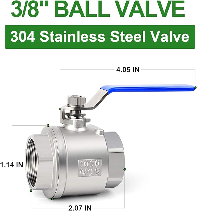 TAISHER 1 PCS 3/8 Inch FNPT Heavy Duty Full Porat Ball Valve 304 Stainless Steel with Blue Handles