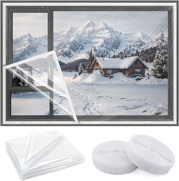 Heavy Duty Window Insulation Kit for Winter - 75 in x 79 in Clear Plastic 180㎛ Thick Shrink Film on Windows and Patio Doors, Reusable Storm Window Kit for Sliding Doors & Large Windows