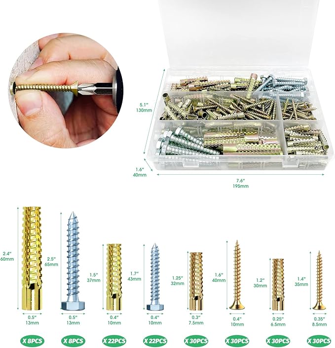 180Pcs / 90 Sets 4 Size Steel Wall Anchor with Screws, 5x30mm, 6x32mm, 8x38mm, 10x60mm Heavy Duty Loose Hinge Hole Repair Kit for Concrete, Hollow and Wooden Wall
