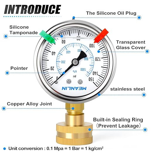 MEANLIN MEASURE 0~150Psi Stainless Steel Frame 3/4" Female 2.5" FACE DIAL Liquid Filled Pressure Gauge WOG Water Oil Air Water Pressure Test Table with Sealing Ring (with 2PCS Snaps)