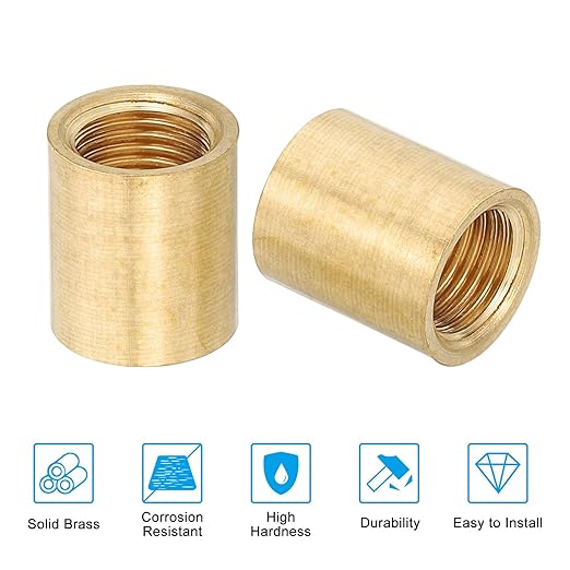 PATIKIL Lamp Pipe Brass Coupling Nut, 5 Pcs 15mm Long M10 Fine Round Thread Sleeve Lamp Pipe Adaptor Rod Connector Hardware for Light Fixture Assembly or Repair, 13mm OD.