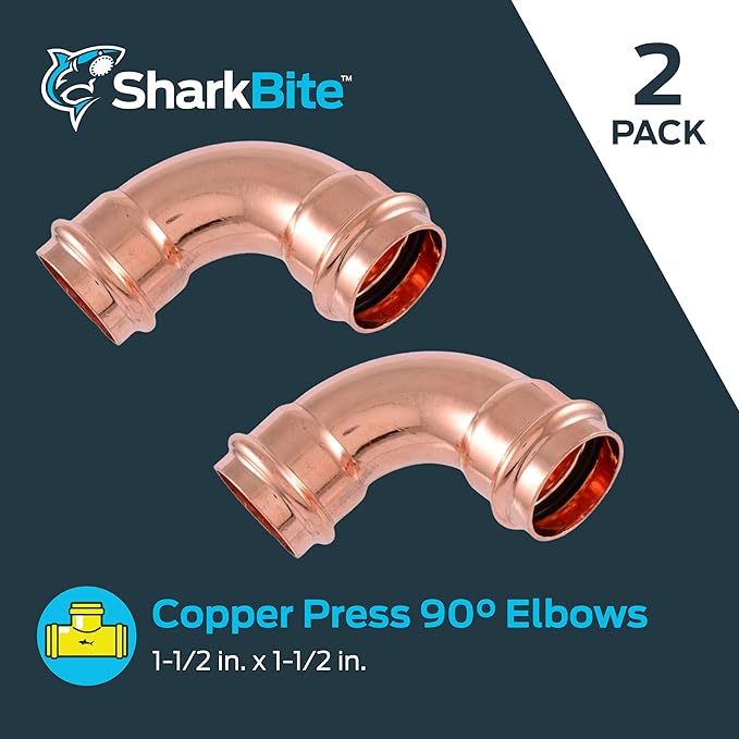 SharkBite 1-1/2 x 1-1/2 Inch 90 Degree Elbow, Copper Press Plumbing Fitting, Pack of 2, UPR0241X2