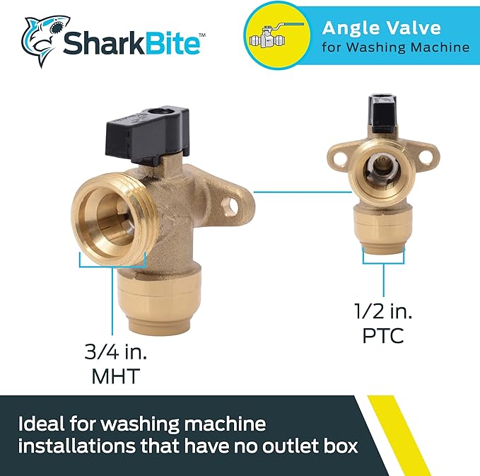 SharkBite 1/2 Inch x 3/4 Inch MHT Washing Machine Angle Valve, Push To Connect Brass Plumbing Fitting, PEX Pipe, Copper, CPVC, PE-RT, HDPE, 25560LF