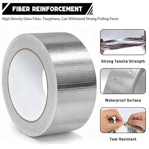 Quinnsus 2" x 66 Ft Aluminum Foil Tape, 5.91 mil - Heavy Duty Heat Shield & Thermal Insulation Fiberglass Tape for HVAC Ductwork, Metal Ducts, Dryer Vents, AC Pipes, Exhaust Repair