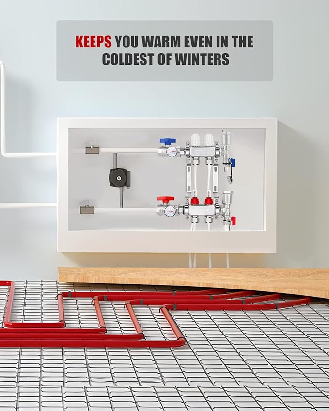 2-Loop Radiant Floor Heating Manifold PEX Tubing Heating Hydronic Manifolds Floor Manifold Stainless Steel Radiant for 1/2" Adapter