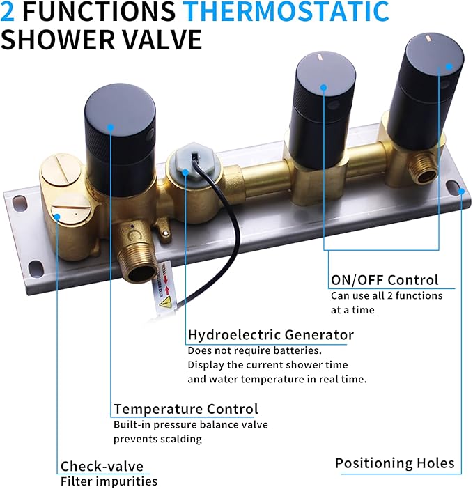 2 Way Shower Diverter Valve Brass 2 Functions Digital Temperature Display Thermostatic Shower Mixing Kit 3 Handle Flow Cotrol Valve, Can Run Simultaneously (Matte Black)