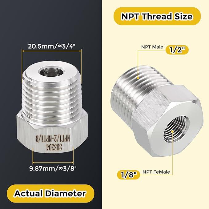METALLIXITY 5PCS 1/2" Male NPT x 1/8" FeMale NPT Thread 304 Stainless Steel Hex Bushing Extension Tube Adapters Convert for Water Tub Spout/Shower