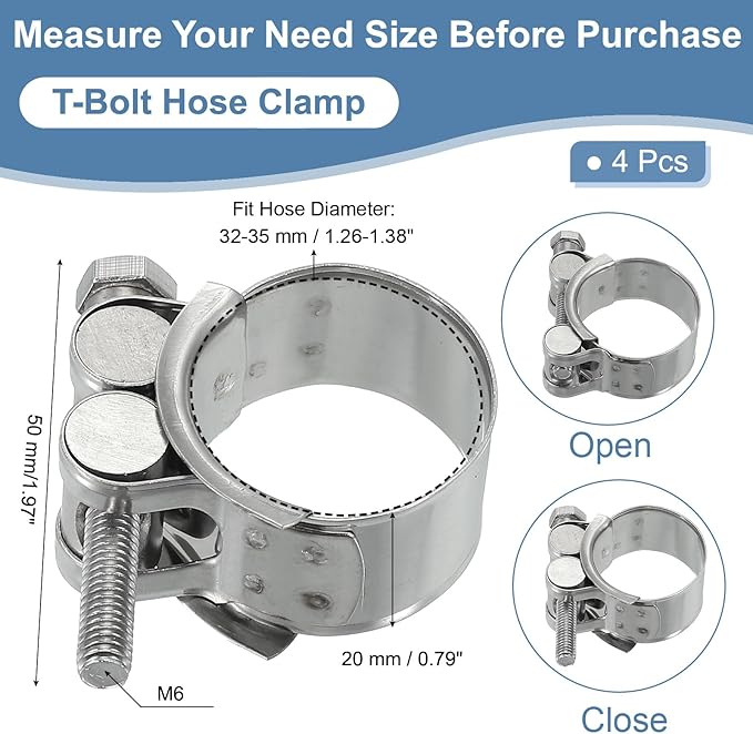 PATIKIL 32-35mm T-Bolt Hose Clamp, 4 Pack Intercooler Pipe Tube Clamps 304 Stainless Steel Radiator Hose Clamp for 1.26"-1.38" Pipe