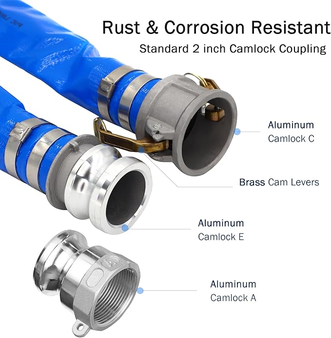 2" ID x 50 ft PVC Lay Flat Discharge Hose with Aluminum Camlock C and E Fittings, Cam Lock Fitting Type A included, Heavy Duty Reinforced Blue Backwash Pump Hoses for Swimming Drain Pools