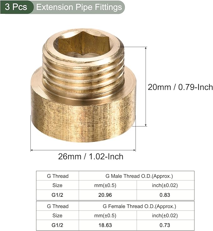 YOKIVE 2 Pcs Extension Pipe Fitting, G1/2 Female to G1/2 Male Thread Reducer Adapter Connector, Great for Bathroom Pipe Device, Water Pipe (Golden, 10-mm)