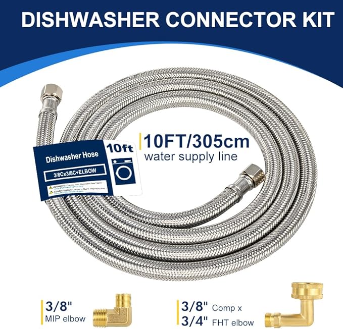 10FT Dishwasher Hose with Elbow – Stainless Steel Braided Supply Line, 3/8" Compression to 3/8" Elbow, Universal Fit, Burst Proof, NSF/Lead-Free Certified, 10-Year Warranty