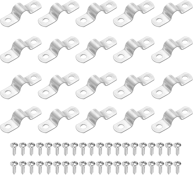 uxcell 20Pcs 10mm(3/8") Two Hole Rigid Pipe Strap, 304 Stainless Steel Conduit Clamp Thicken U Bracket Heavy Duty Pipe Clamp with Self-Tapping Screws for Fixing Tube Cable, Silver