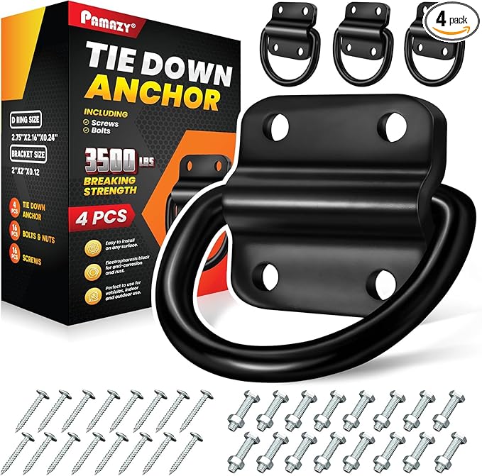 4PCS Heavy Duty Steel D Rings Tie Down Anchors, Ultra Durable 3500 Pound Breaking Strength Surface Mount Hooks Securing Cargo for Trailer, Truck Bed, with Screws & Bolts