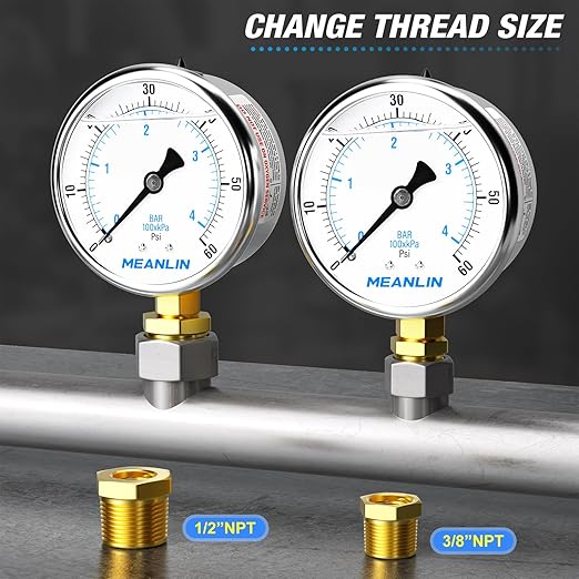 MEANLIN MEASURE 0~60Psi Stainless Steel 1/4" NPT 2.5" FACE DIAL Liquid Filled Pressure Gauge, Pool Sand Filter Pressure Test Lower Mount(Pack of 2) with 1/2" NPT and 3/8" NPT Hex Bushing