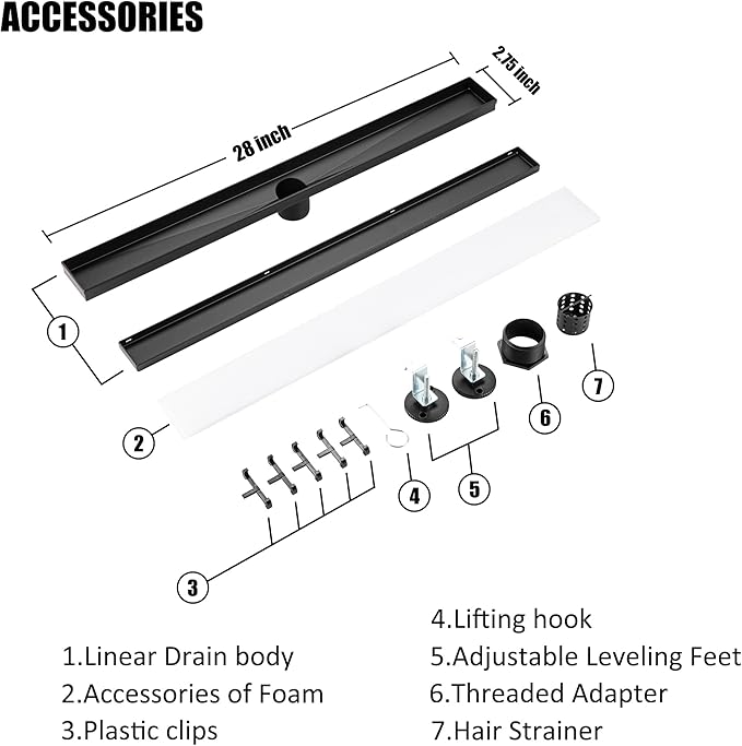28 inch Linear Shower Drain with Removable Square Hole Panel by Using 304 Stainless Steel Process, Linear Drain Equipped with Adjustable Feet and Hair Strainer（Matte Black Color）