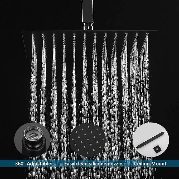 16 Inch Ceiling Mount Matte Black Shower System Bathroom Luxury Rain Mixer Shower Combo Set Ceiling Rainfall Shower Head System (Contain Shower Faucet Rough-in Valve Body and Trim Kit)
