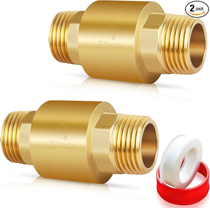 Boltigen 2Pcs 1/2in NPT Spring Check Valve, Brass Non Return One Way Check Valve, Vertical Inline Water Backflow Preventer for Well, Pump, Tank (1/2" Male x 1/2" Male(DN15))