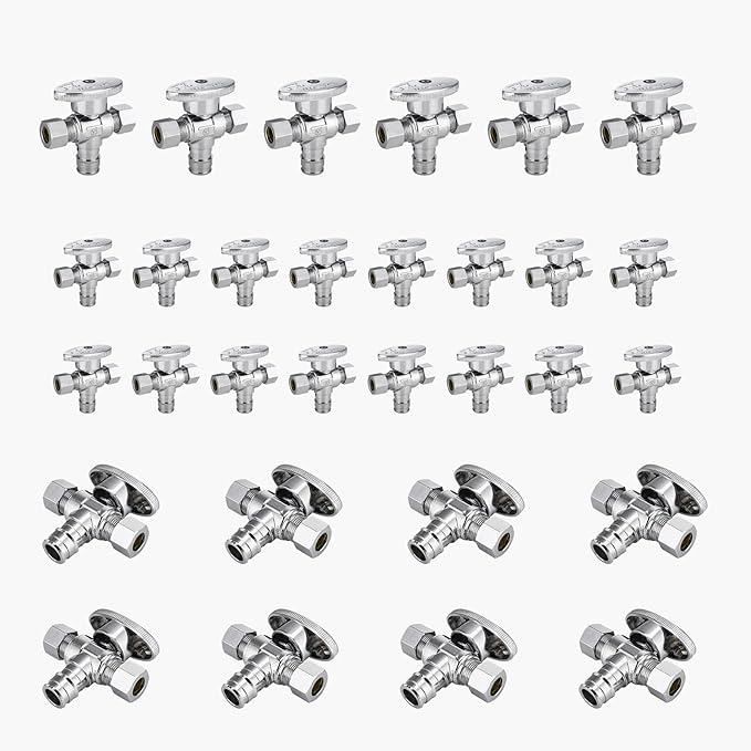 30-Pack GUOFIS PEX-A Angle Stop Valve with Dual Compression Outlet,1/2" PEX-A Expansion Inlet x (3/8" x 3/8") Outlet Shut-off Valves(1/4 Turn,Chrome)(VALVE128-30Pack)