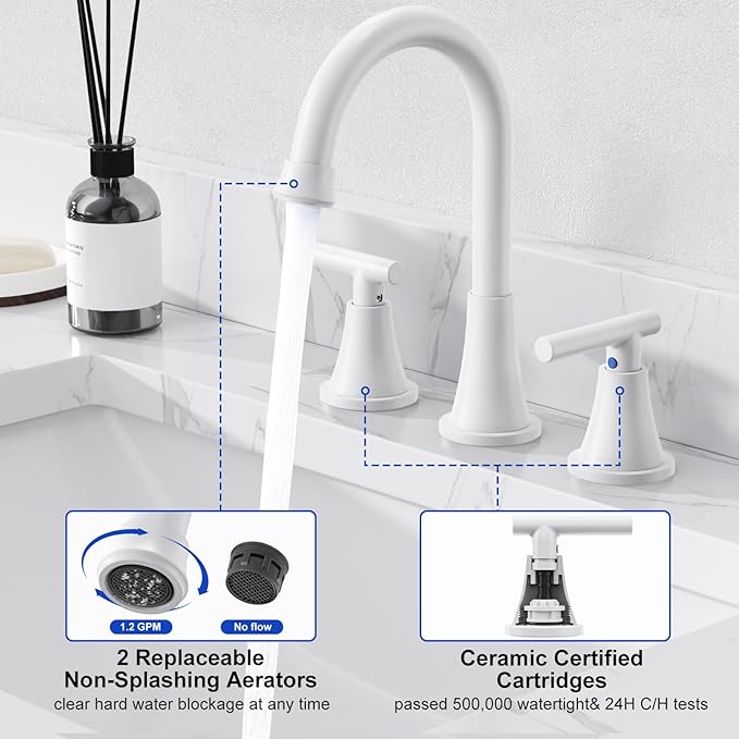 Bathroom Faucets for Sink 3 Hole, Hurran White Bathroom Sink Faucet with Pop-up Drain and Supply Lines, Stainless Steel Lead-Free Widespread Faucet for Vanity RV Farmhouse Sink