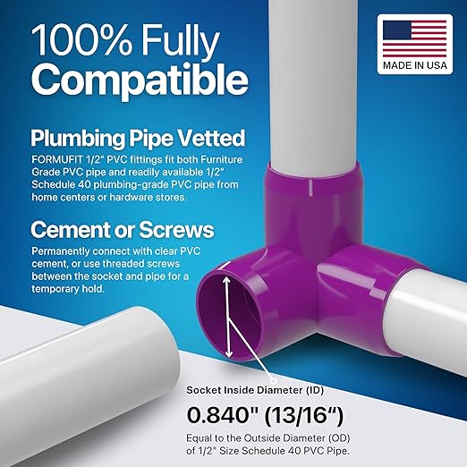 FORMUFIT 1/2” 3-Way Elbow Furniture Grade PVC Fitting in Purple, Made in USA, UV-Resistant, Impact-Proof, 0.840” Actual Socket Diameter (Pack of 10)