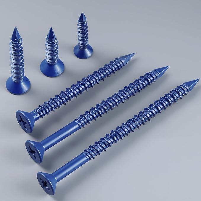 100Pcs 3/16 x 1-1/4 Inch Concrete Screws Anchor with Drill Bit, Blue Flat Head Masonry Brick Stucco Cement Block Screws, Diamond Point