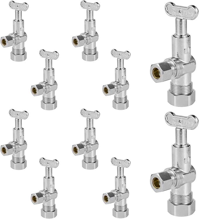 10-PCs HeSun Loose Key Angle Stop Valve, 1/2" Nominal (5/8"OD) Compression x 3/8" OD Compression, 1/4 Turn Shut Off Valve, PEX Chrome Plated Brass
