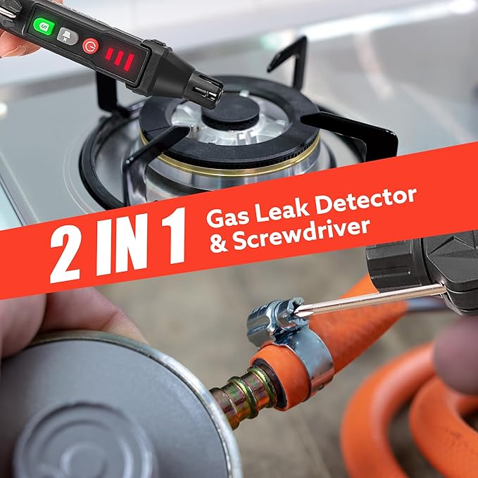 2 in 1 Gas Leak Detector, IVOLWIN Natural Gas Leak Detector with Foldable Screwdriver, Audible & Visual Alarm, Portable Gas Detector for Home Natural Gas, Methane, Propane and Combustible Gases